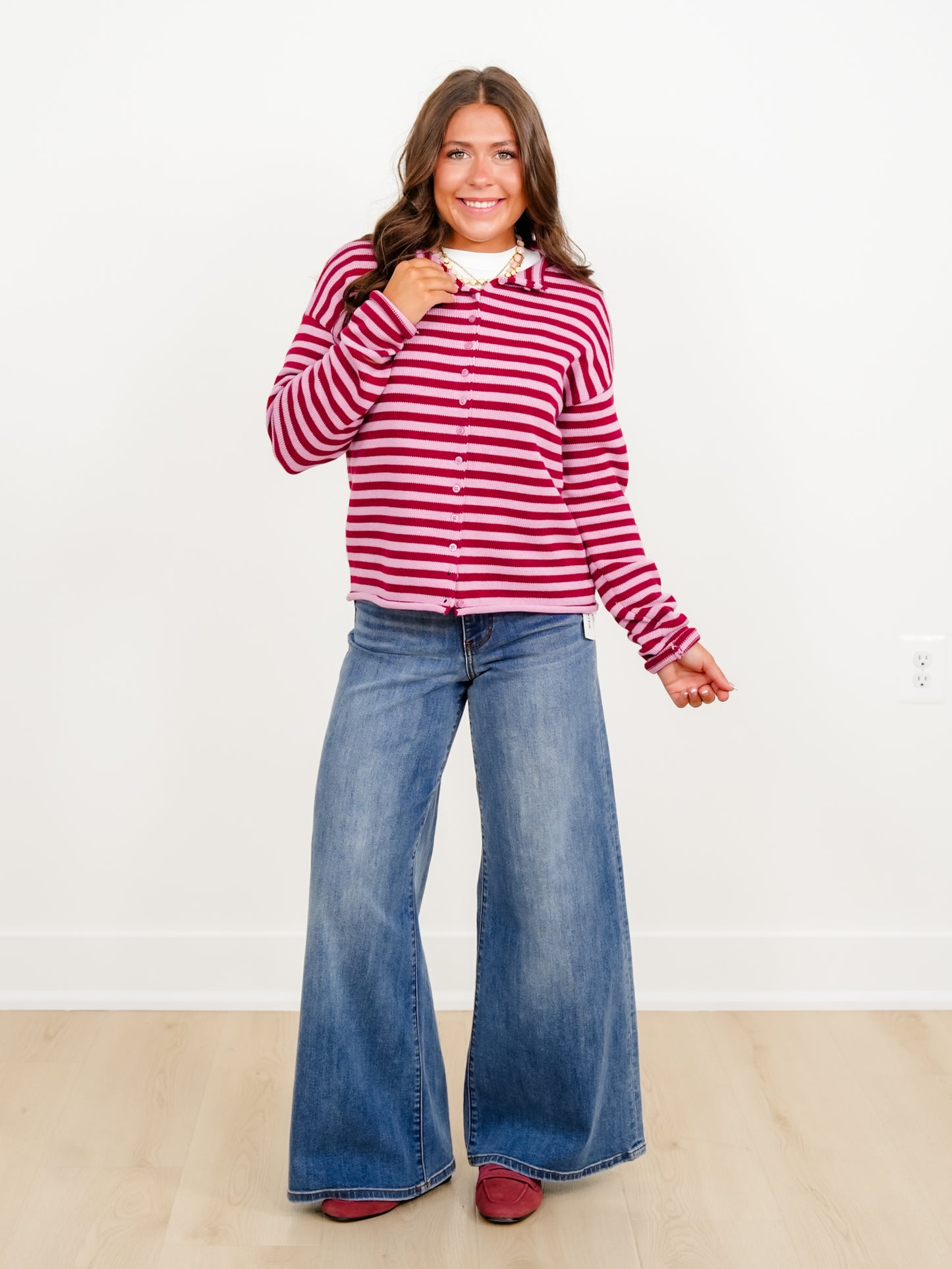 Burgundy Stripe Long Sleeve Button Down Cardigan