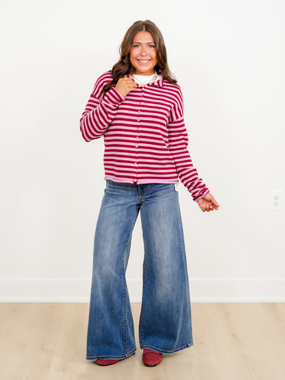 Burgundy Stripe Long Sleeve Button Down Cardigan