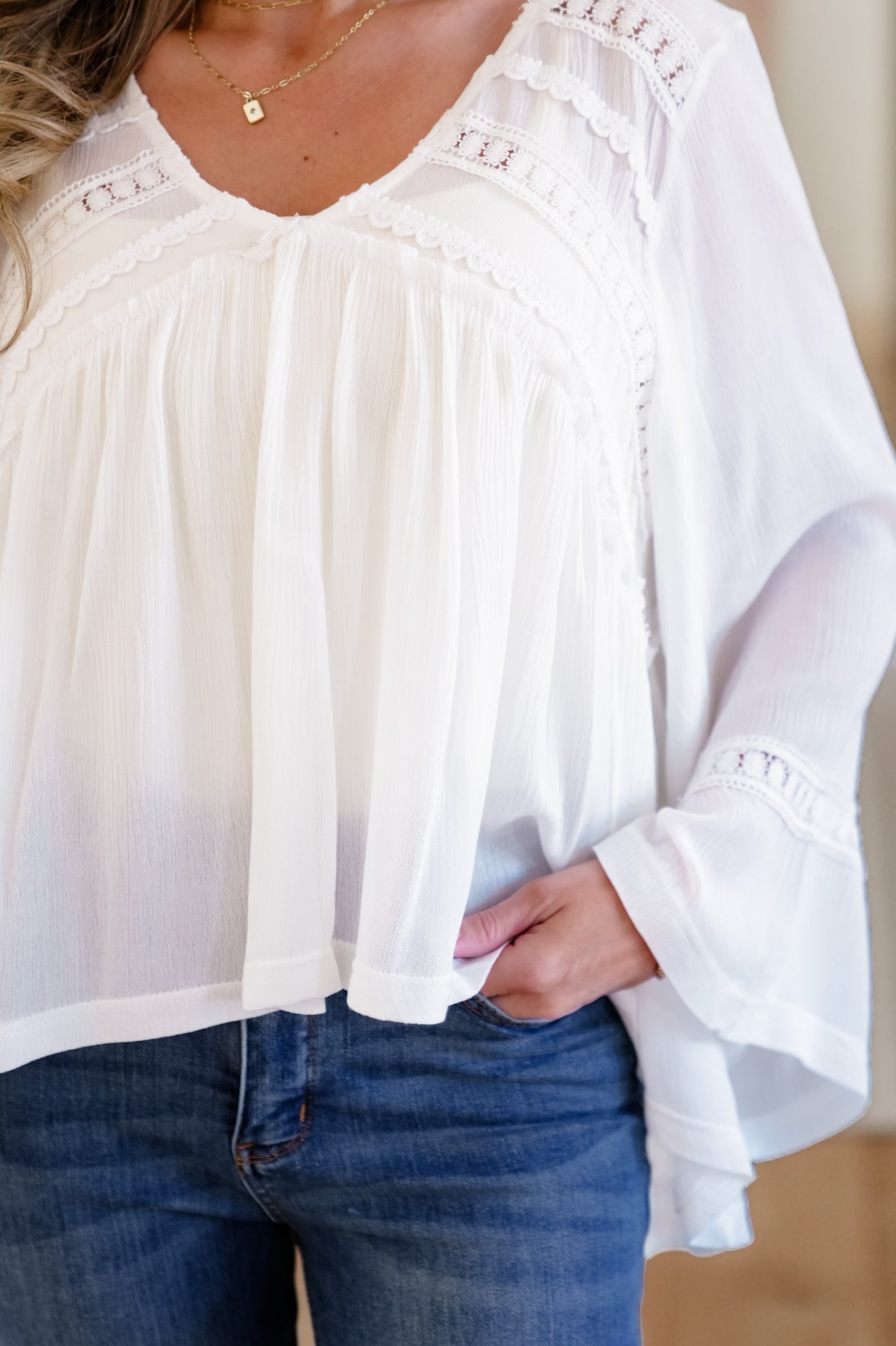 POL Solid Long Sleeve V Neck Ruffle Blouse