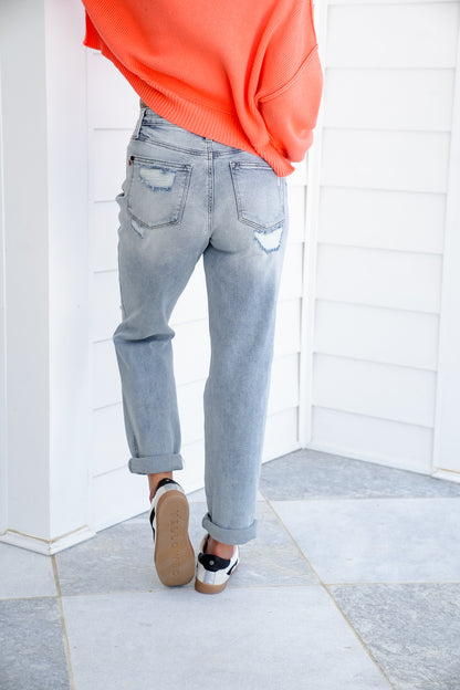 Judy Blue Mid Rise Light Wash Cuffed Boyfriend Jeans with Distressed Repair Stitch