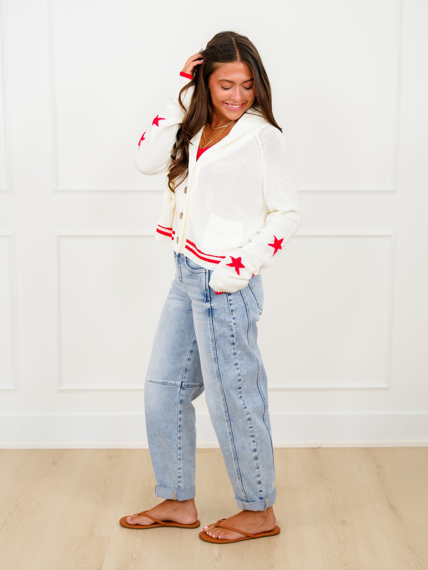 Long Sleeve Button Down Cardigan with American Flag Back