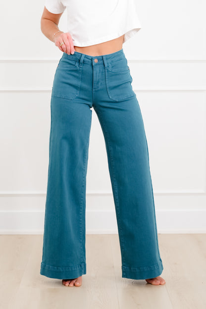 Judy Blue Mid Rise Teal Utility Pocket Wide Leg Jeans