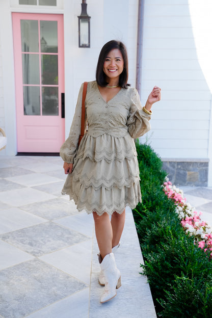 Embroidered Lace Long Sleeve Tiered Dress