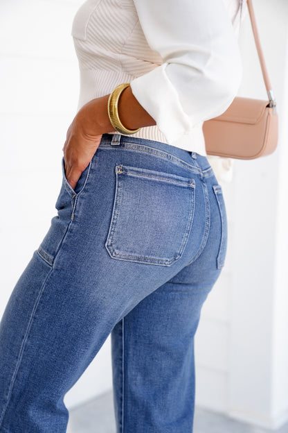 Lovervet High Rise Medium Wash Wide Leg Jeans with Utility Pocket