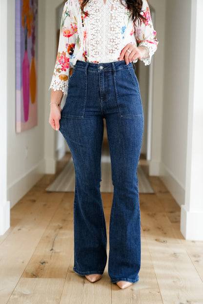 Judy Blue High Rise Dark Wash Flare Jeans with Patch Pockets