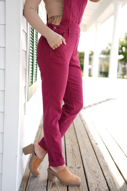 Judy Blue High Rise Maroon Garment Dyed Double Cuffed Boyfriend Overalls
