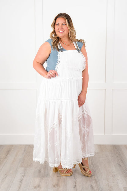 White Overall Dress with Embroidery Detail