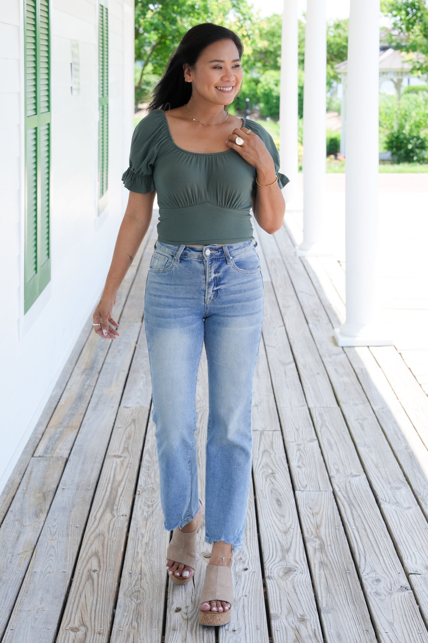 Olive Ribbed Knit Short Sleeve Top With Tie Detail