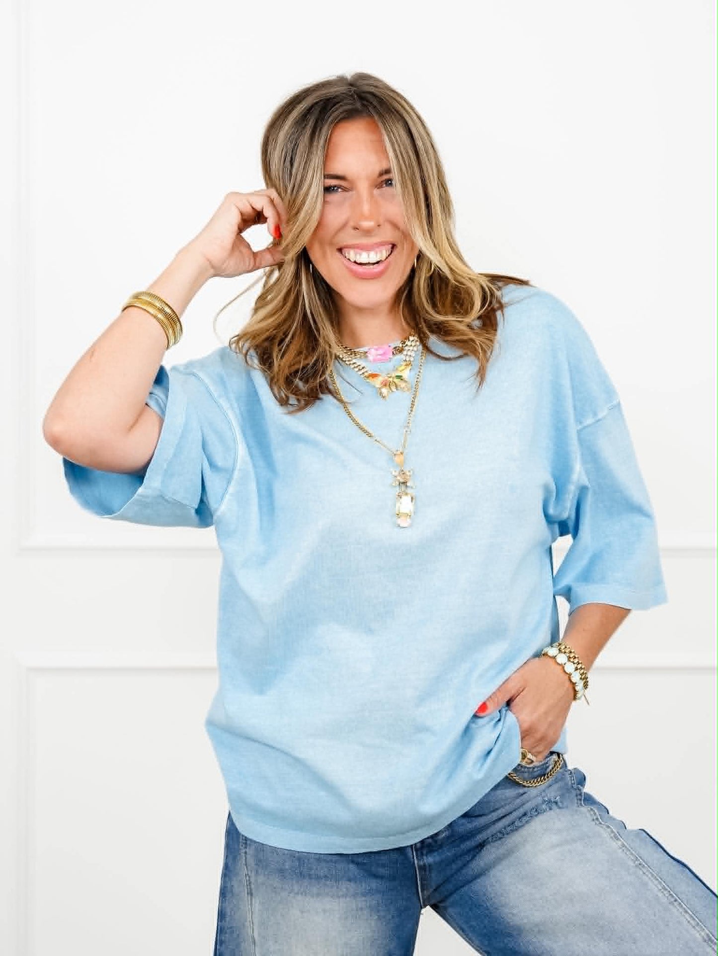 Door Buster! Washed Half Sleeve Crew Neck Drop Shoulder Top