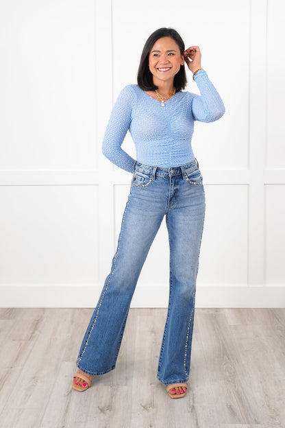 Textured Long Sleeve Top with Ruched Detail
