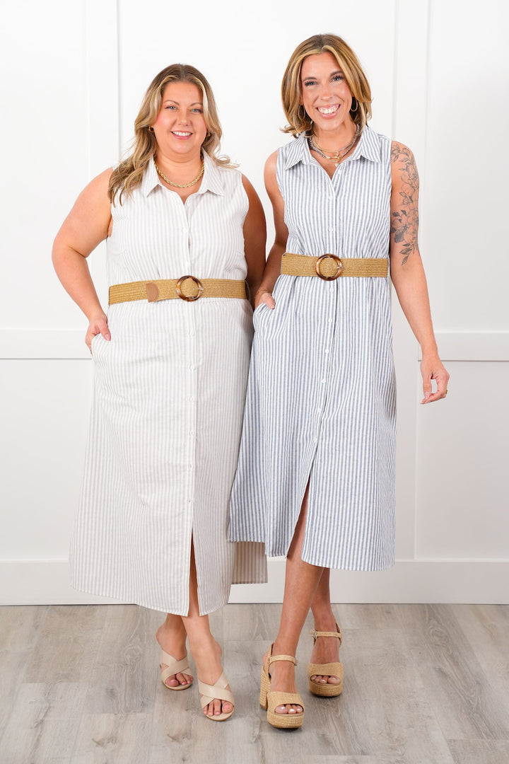 Plus/Reg Sleeveless Stripe Button Down Belted Maxi Dress