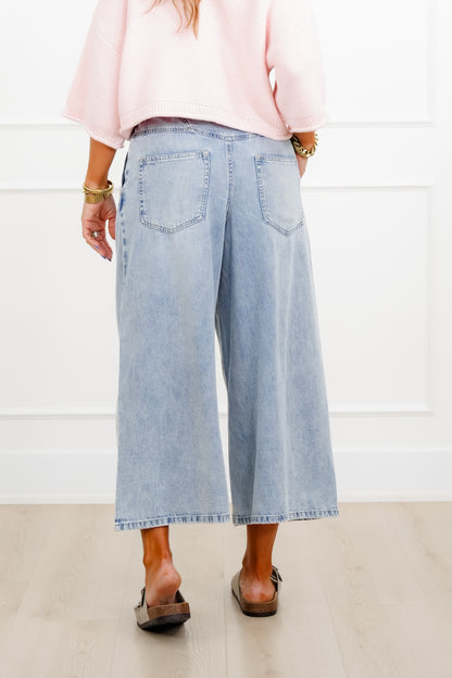 Risen High Rise Light Wash Cropped Wide Leg Tie Belted Jeans