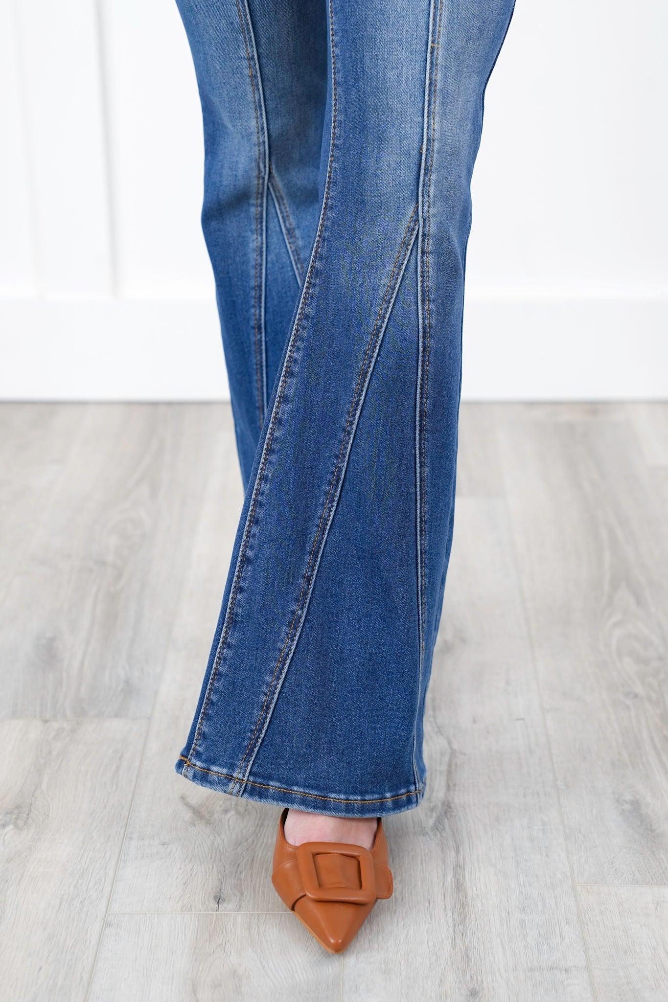Risen High Rise Dark Wash Flare Jeans with Front Seam Detail
