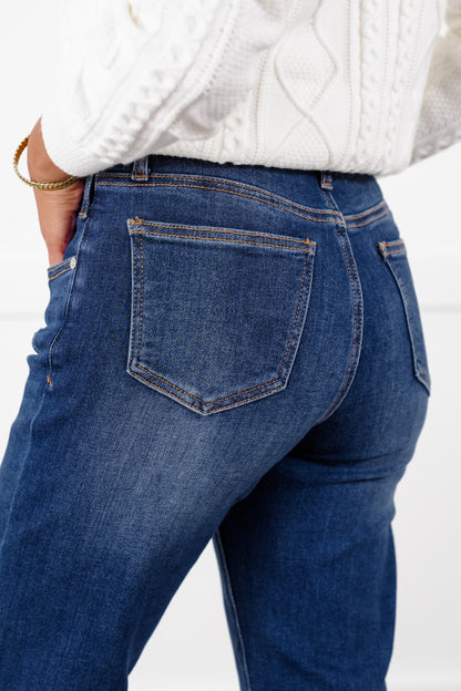 Special A High Rise Dark Wash Dad Jeans with Double Waist Detail