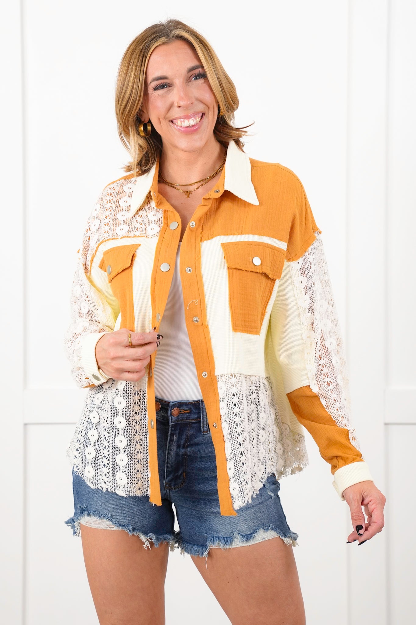 Color Block Long Sleeve Button Down Shacket with Contrast Detail