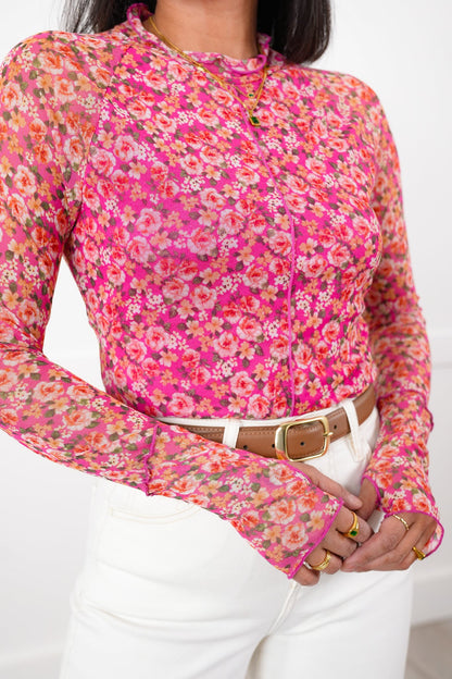 Restock! Plus/Reg Floral Mesh Long Sleeve Mock Neck Top