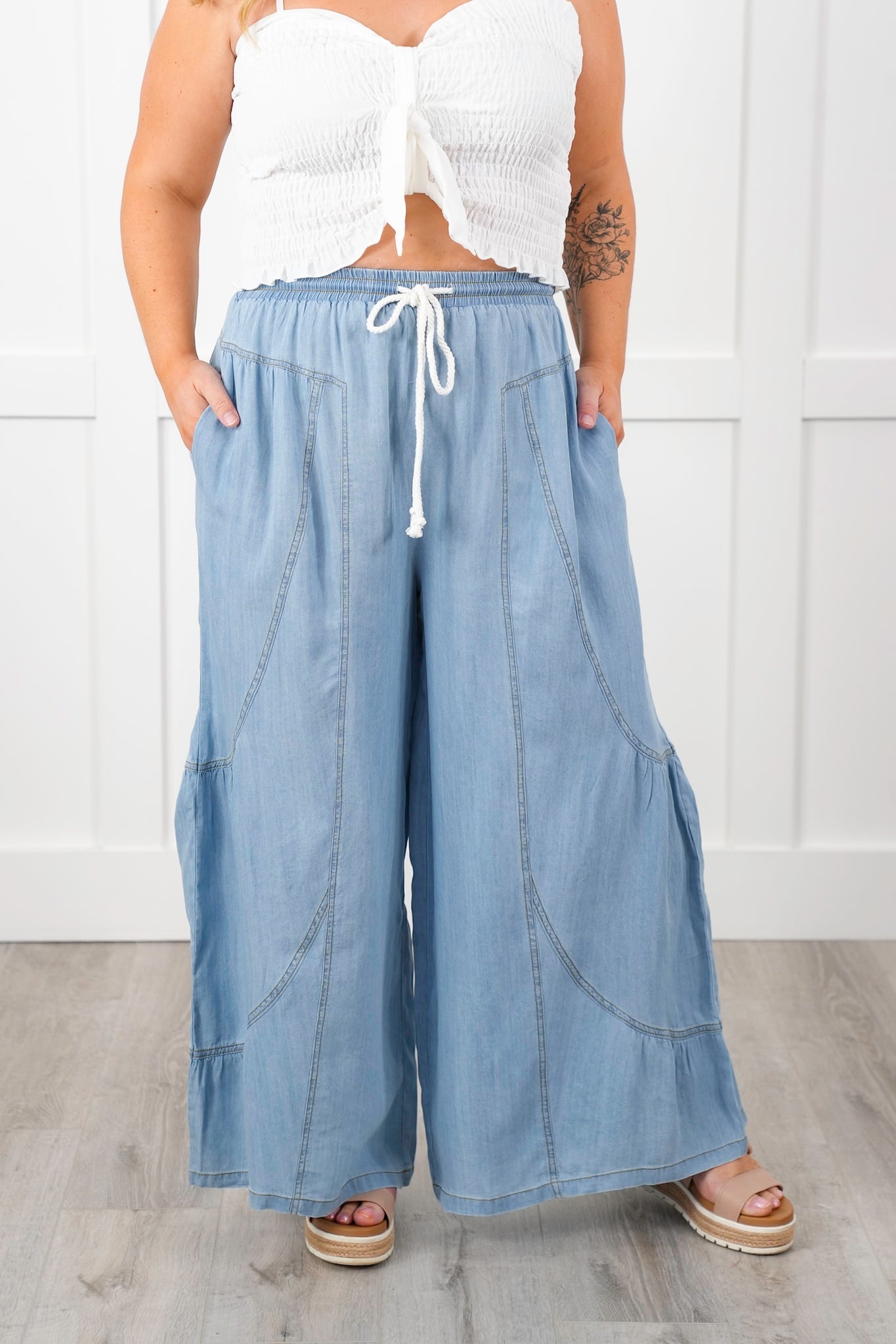 Plus/Reg Chambray Elastic Waist Wide Leg Palazzo Pants