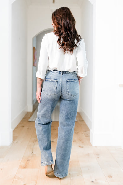 Risen Mid Rise Medium Wash Relaxed Fit Baggy Jeans with Patch Pockets