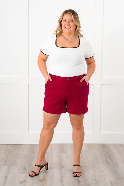 Restock! Plus/Reg Ribbed Knit Short Sleeve Square Neck Top with Contrast Trim Detail