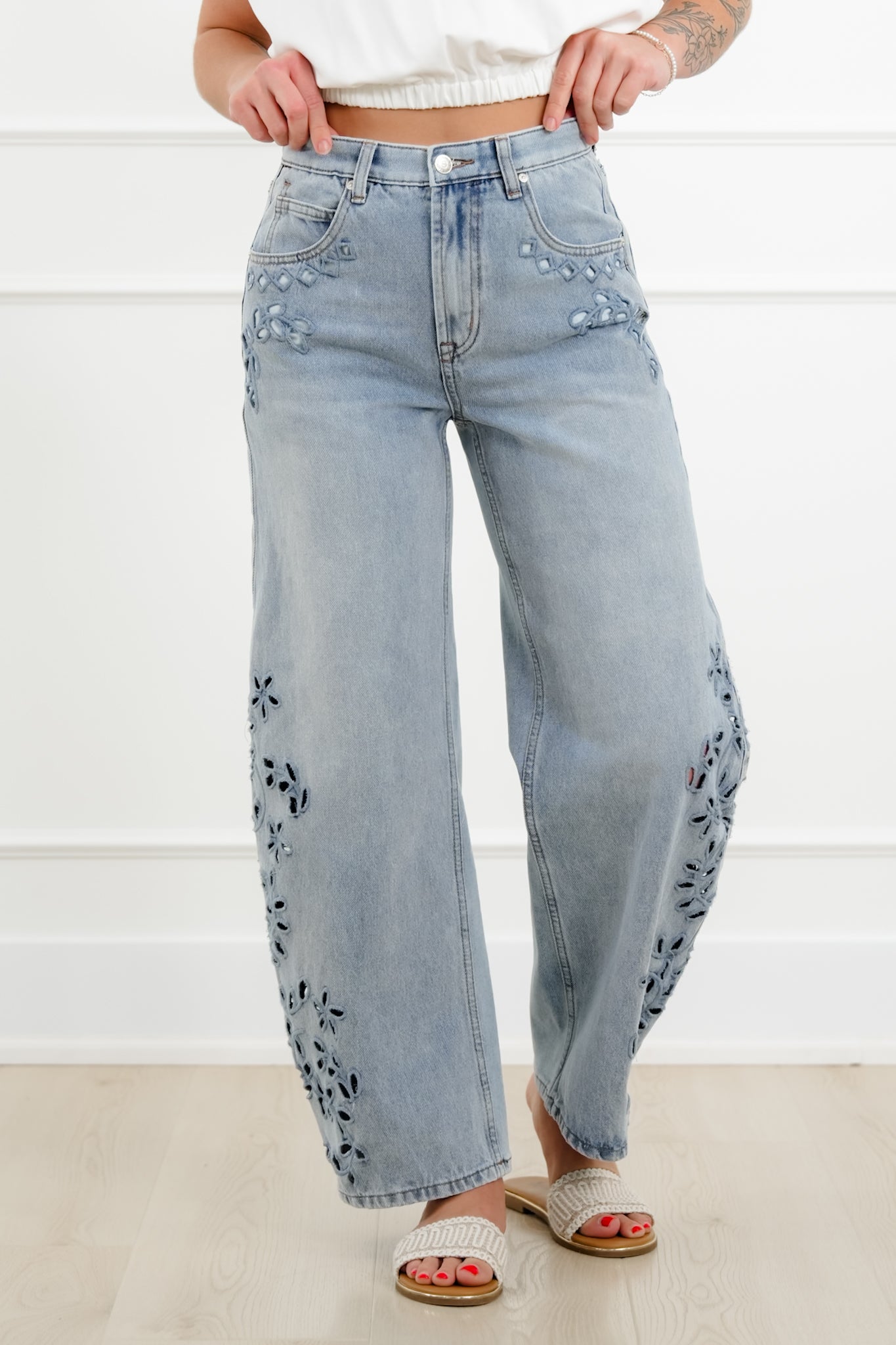 Saige High Rise Light Wash Tummy Control Barrel Jeans with Embroidery
