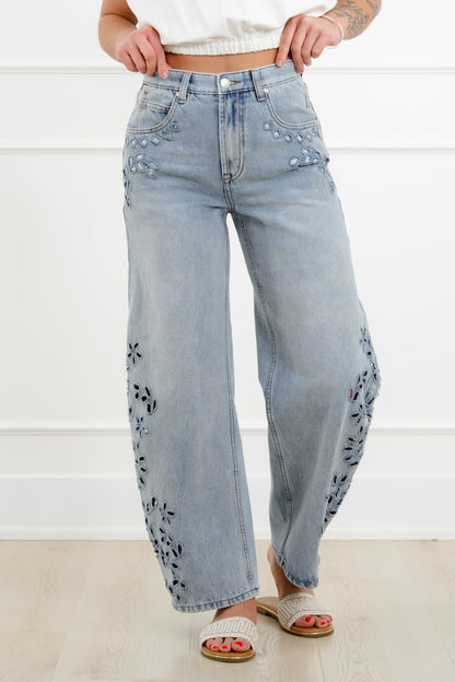Saige High Rise Light Wash Tummy Control Barrel Jeans with Embroidery