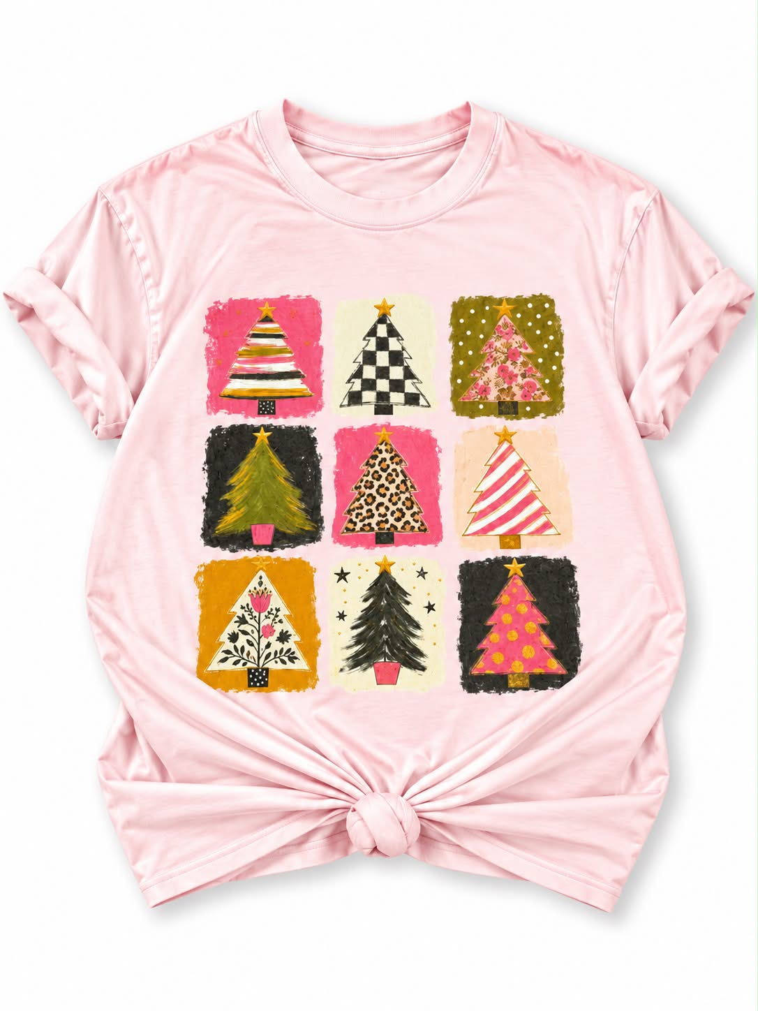 Plus/Reg Short Sleeve Patchwork Christmas Trees Graphic Tee
