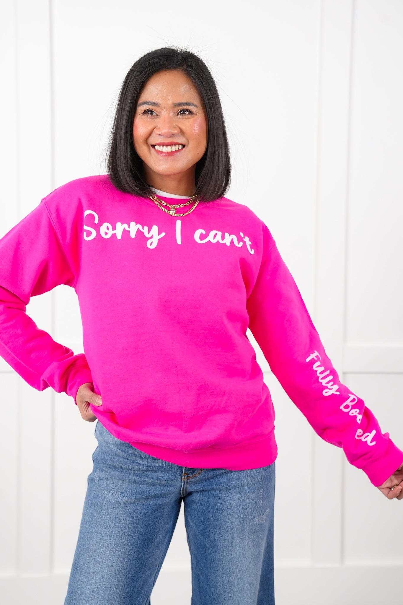Plus/Reg Long Sleeve "Sorry I Can't" Graphic Sweatshirt