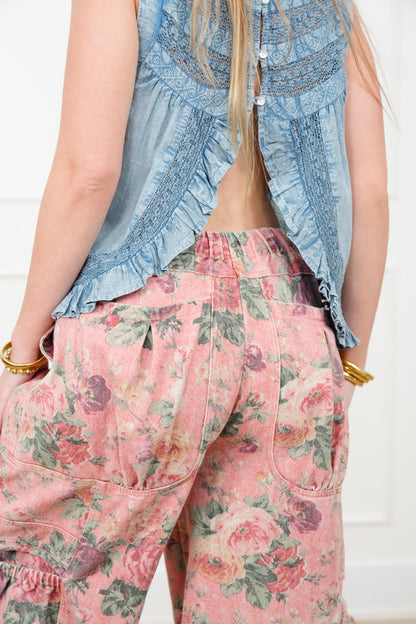 Plus/Reg Flower Print Elastic Waist Wide leg Pants
