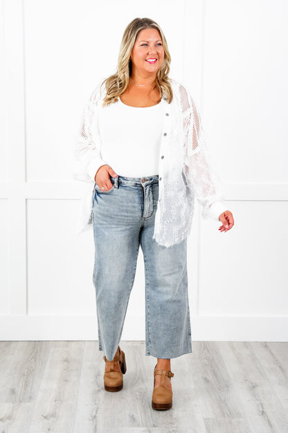 Judy Blue The Olivia Mid Rise Light Wash Tummy Control Raw Hem Cropped Wide Leg Jeans