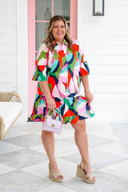 Plus/Reg Abstract Print Half Bell Sleeve Button Up Dress
