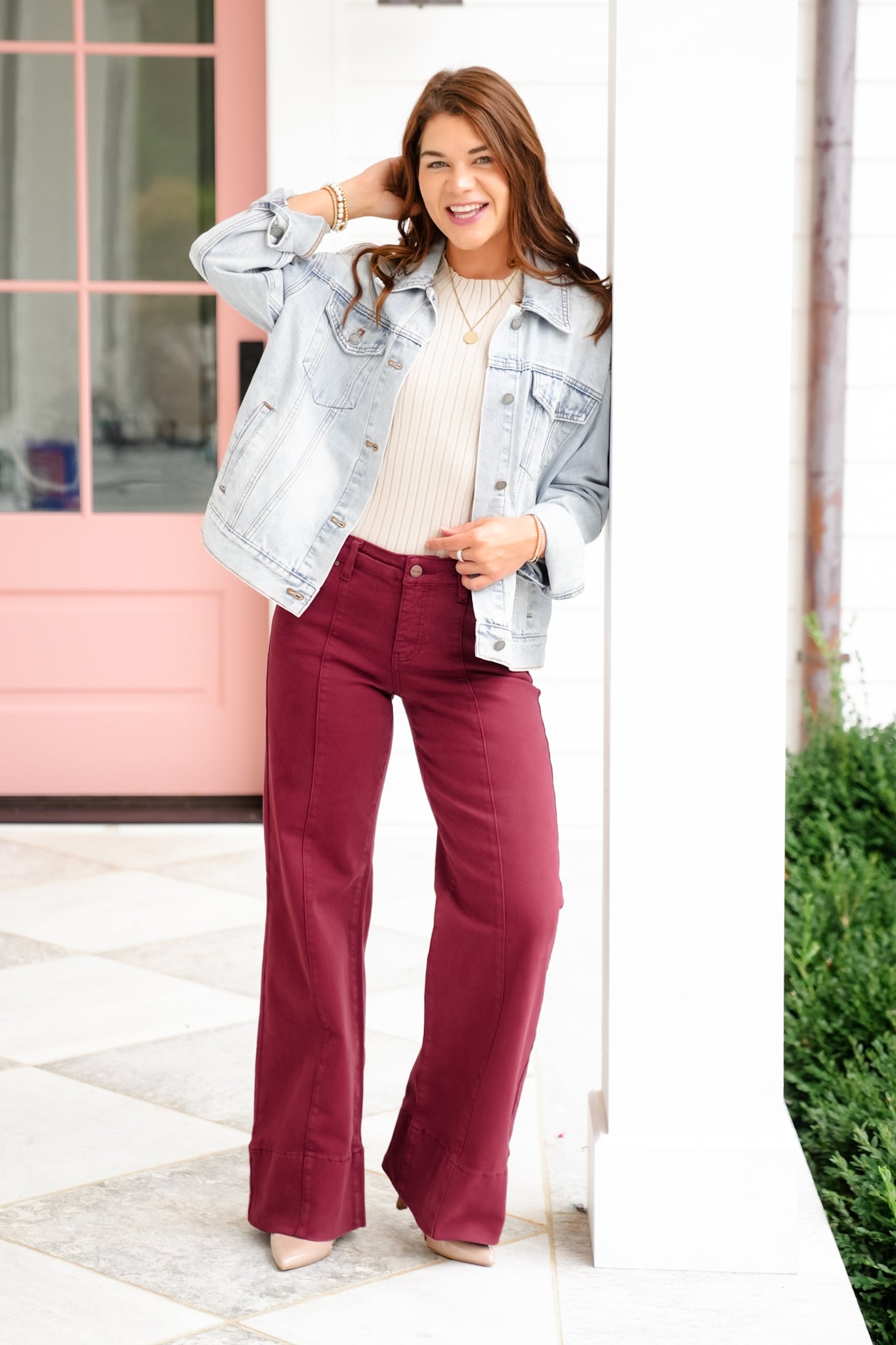 Risen Mid Rise Wine Tummy Control Wide Leg Jeans with Large Wide Hem