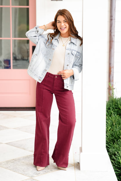 Risen Mid Rise Wine Tummy Control Wide Leg Jeans with Large Wide Hem