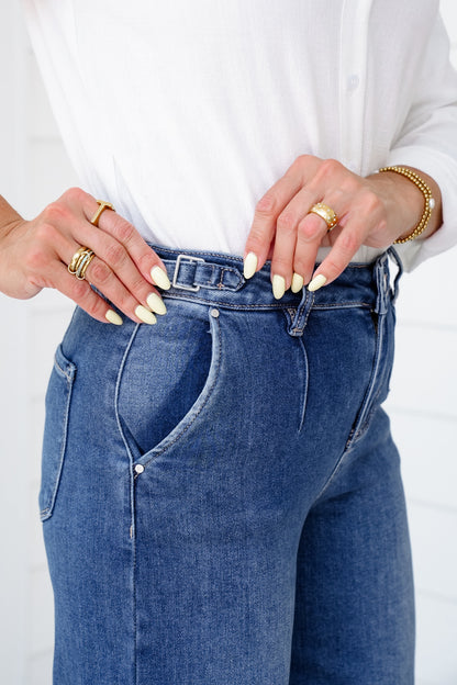 Risen High Rise Medium Wash Adjustable Waistband Wide Leg Pleated Jeans