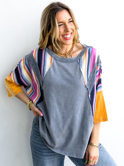 Plus/Reg Washed 3/4 Sleeve with Stripes