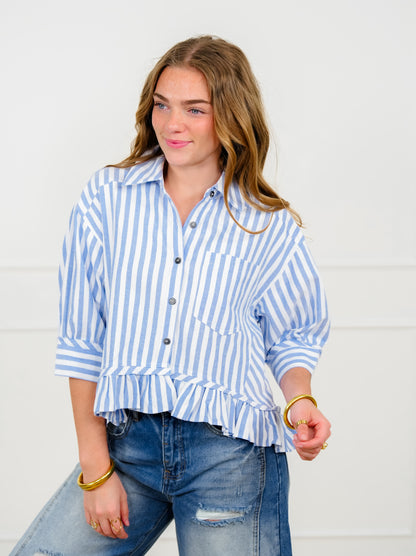 Striped 3/4 Sleeve Button Down Top with Ruffle Hem