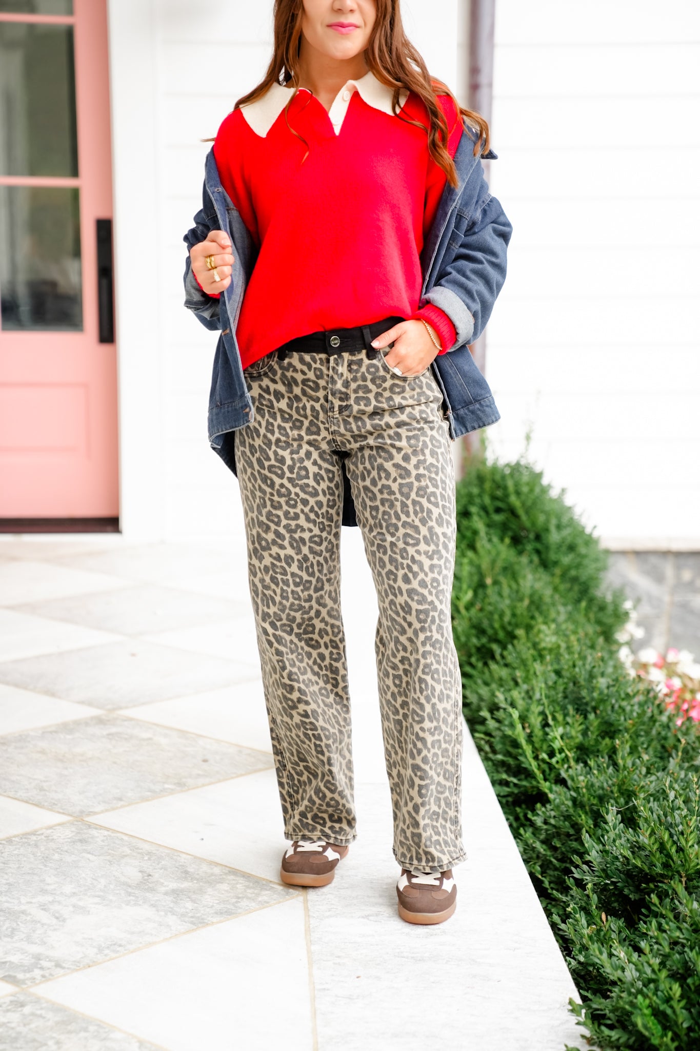 Risen High Rise Leopard Wide Leg Pants with Contrasting Waistband