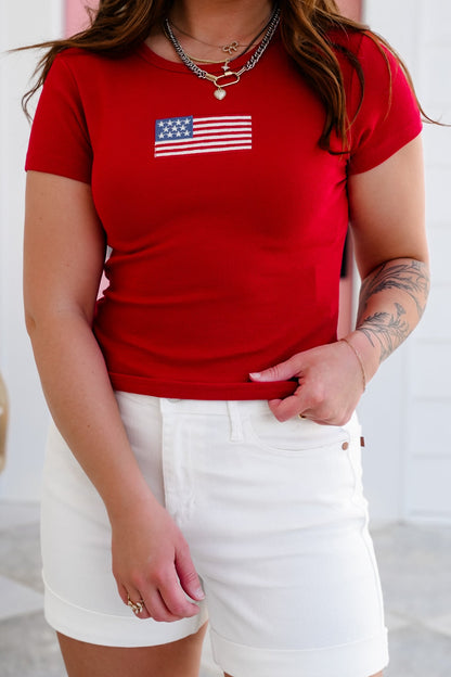Red Short Sleeve Top with Embroidered American Flag Patch