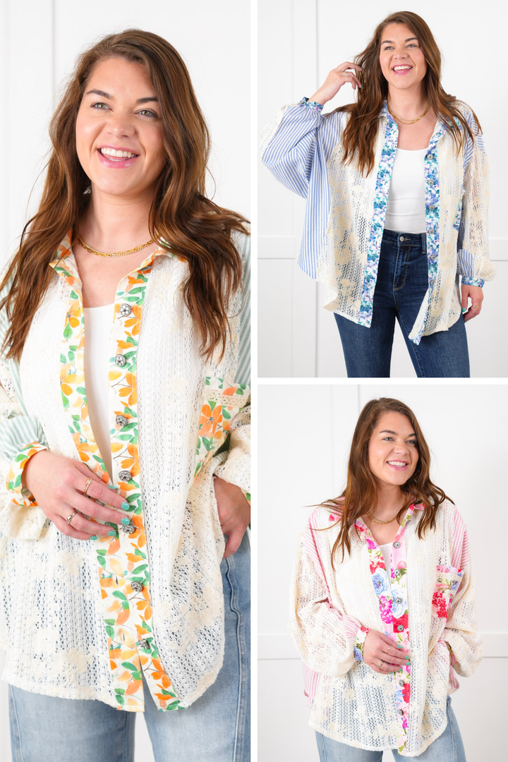 POL Stripe Long Sleeve Button Down Shacket with Floral and Lace Detail - New Colors!