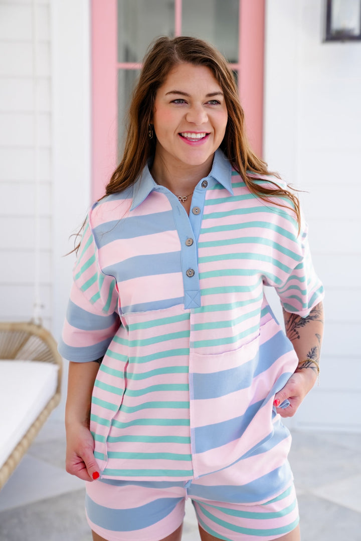 Color Block Stripe Short Sleeve Half Button Up Pullover Top
