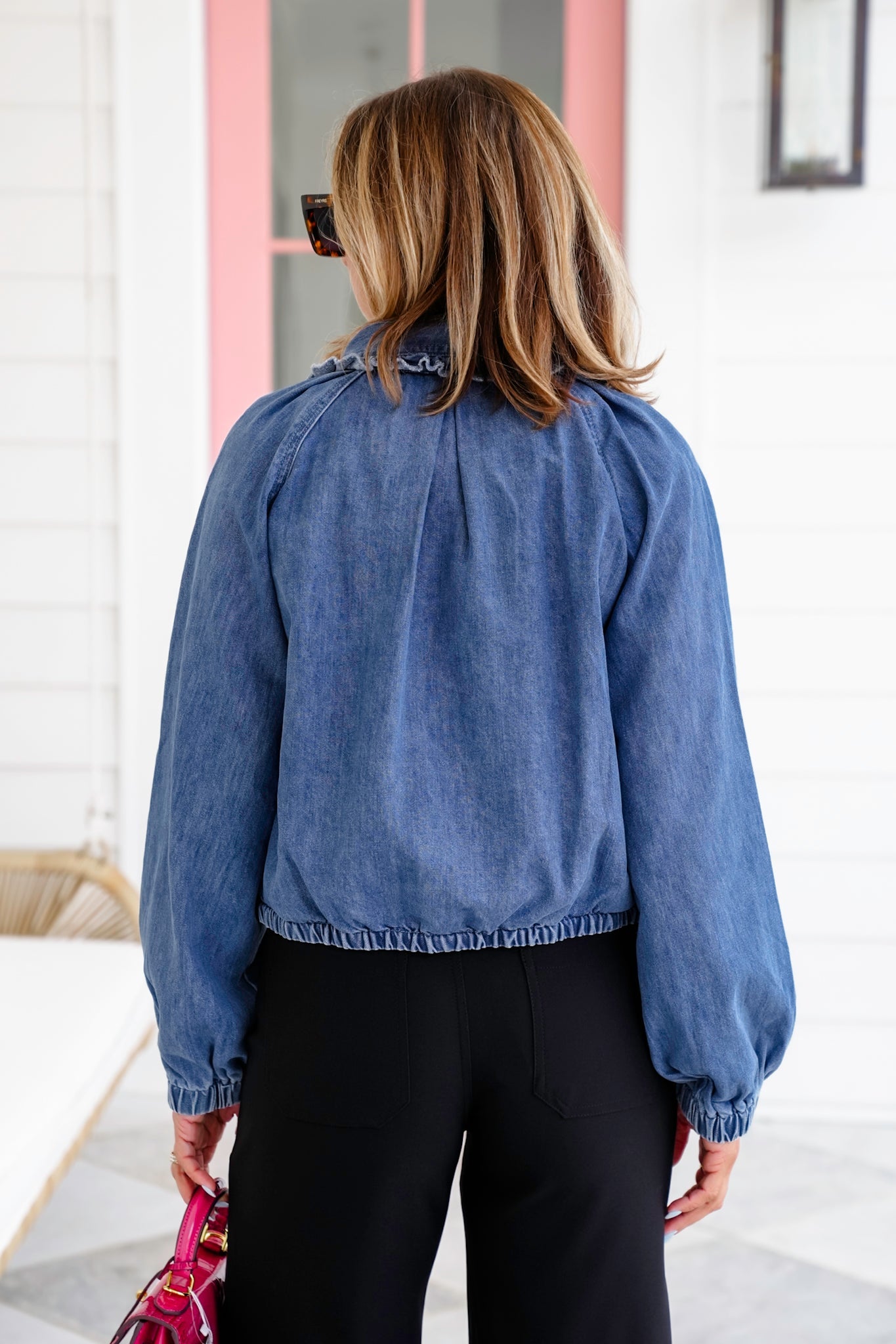 Long Sleeve Zip Up Bomber Jacket With Ruffle Detail