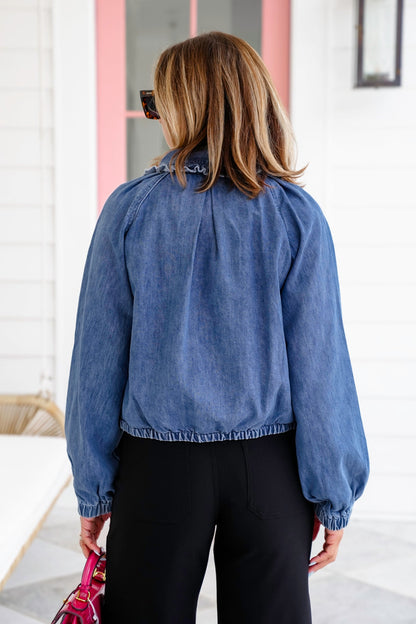 Long Sleeve Zip Up Bomber Jacket With Ruffle Detail