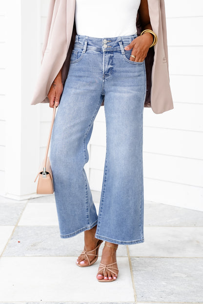 Risen High Rise Medium Wash Tummy Control Crop Wide Leg Jeans with Bow Detail