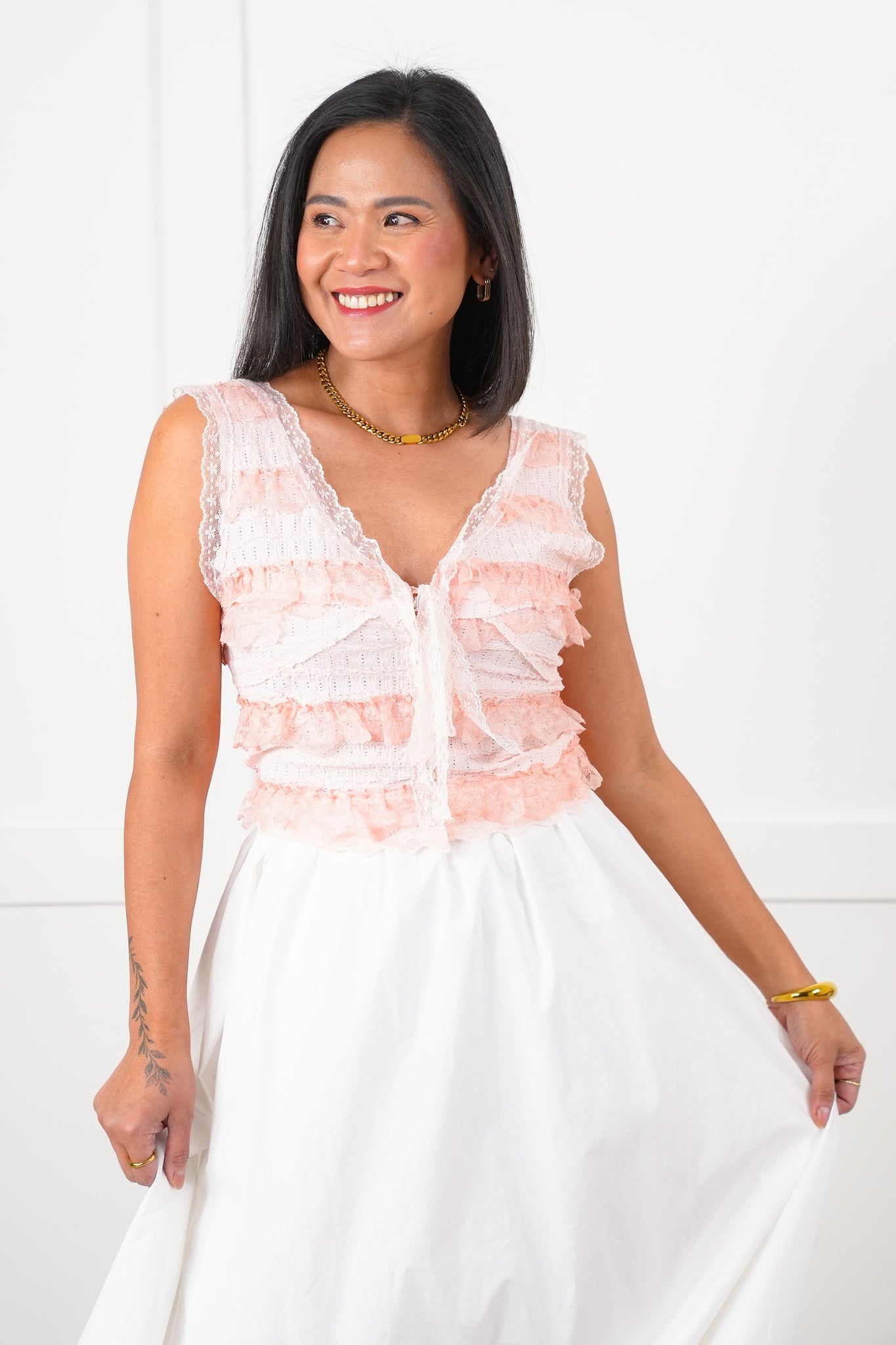 POL Woven Lace Ruffle Sleeveless V Neck Crop Top