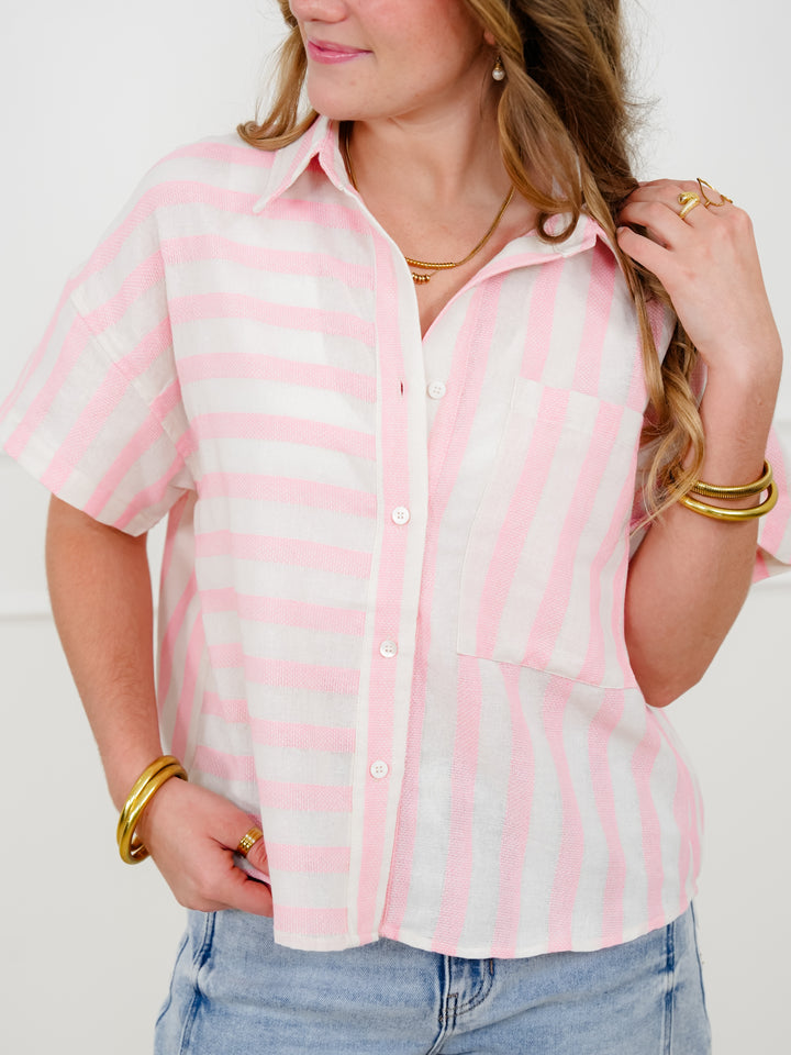 Plus/Reg Stripe Color Block Short Sleeve Button Down Top