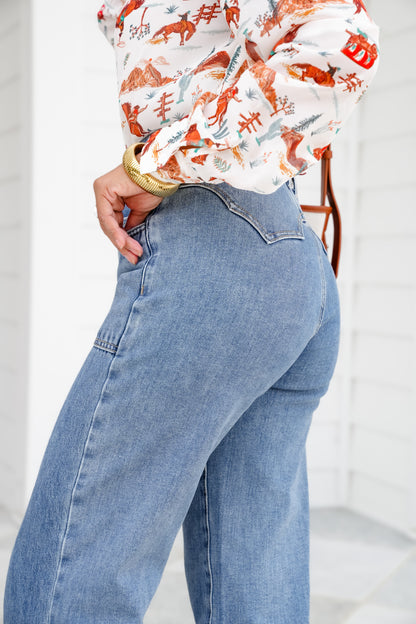 Saige High Rise Medium Wash Tummy Control Double Pocket Wide Leg Jeans