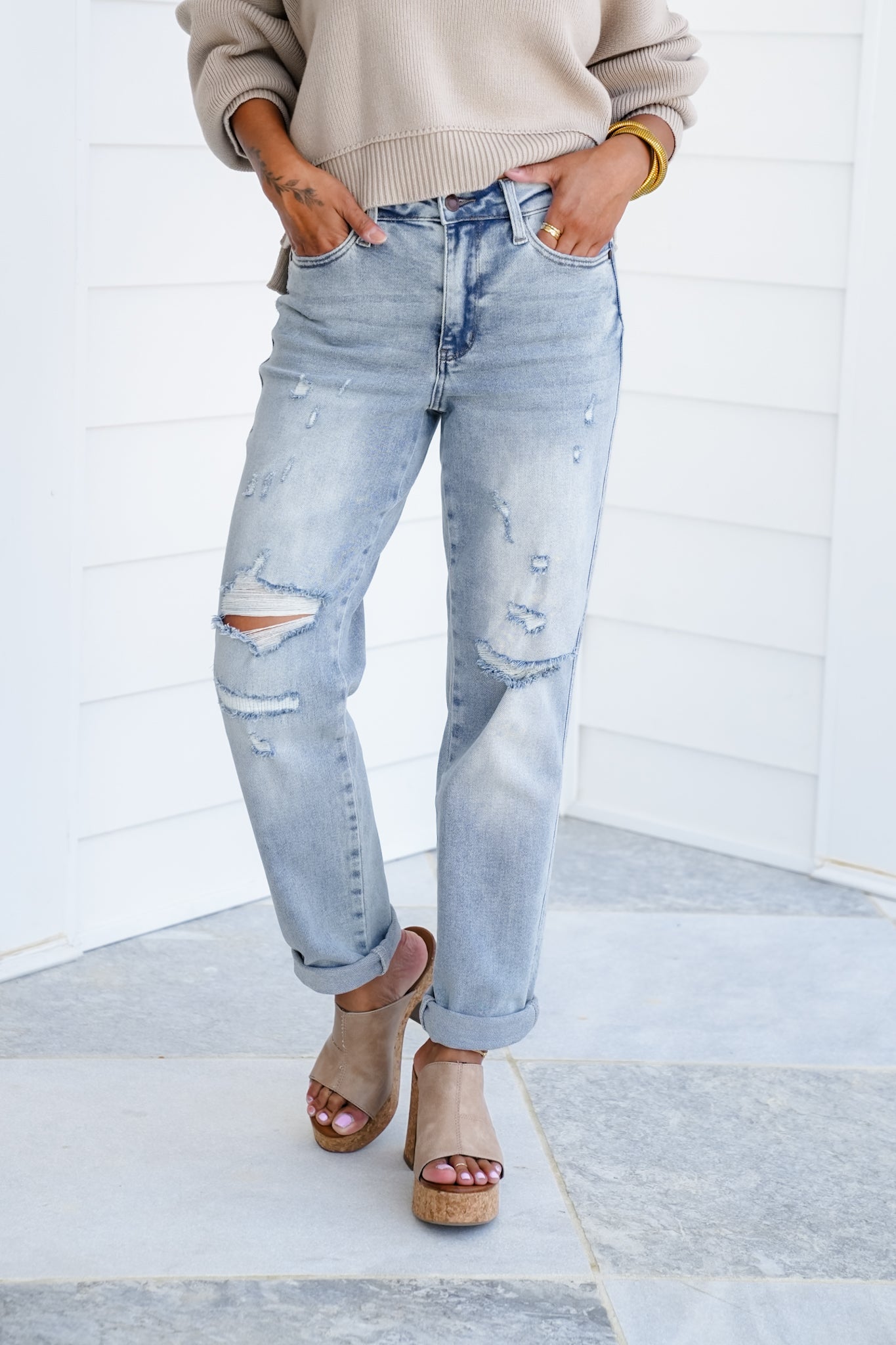 Judy Blue Mid Rise Light Wash Cuffed Boyfriend Jeans with Distressed Repair Stitch