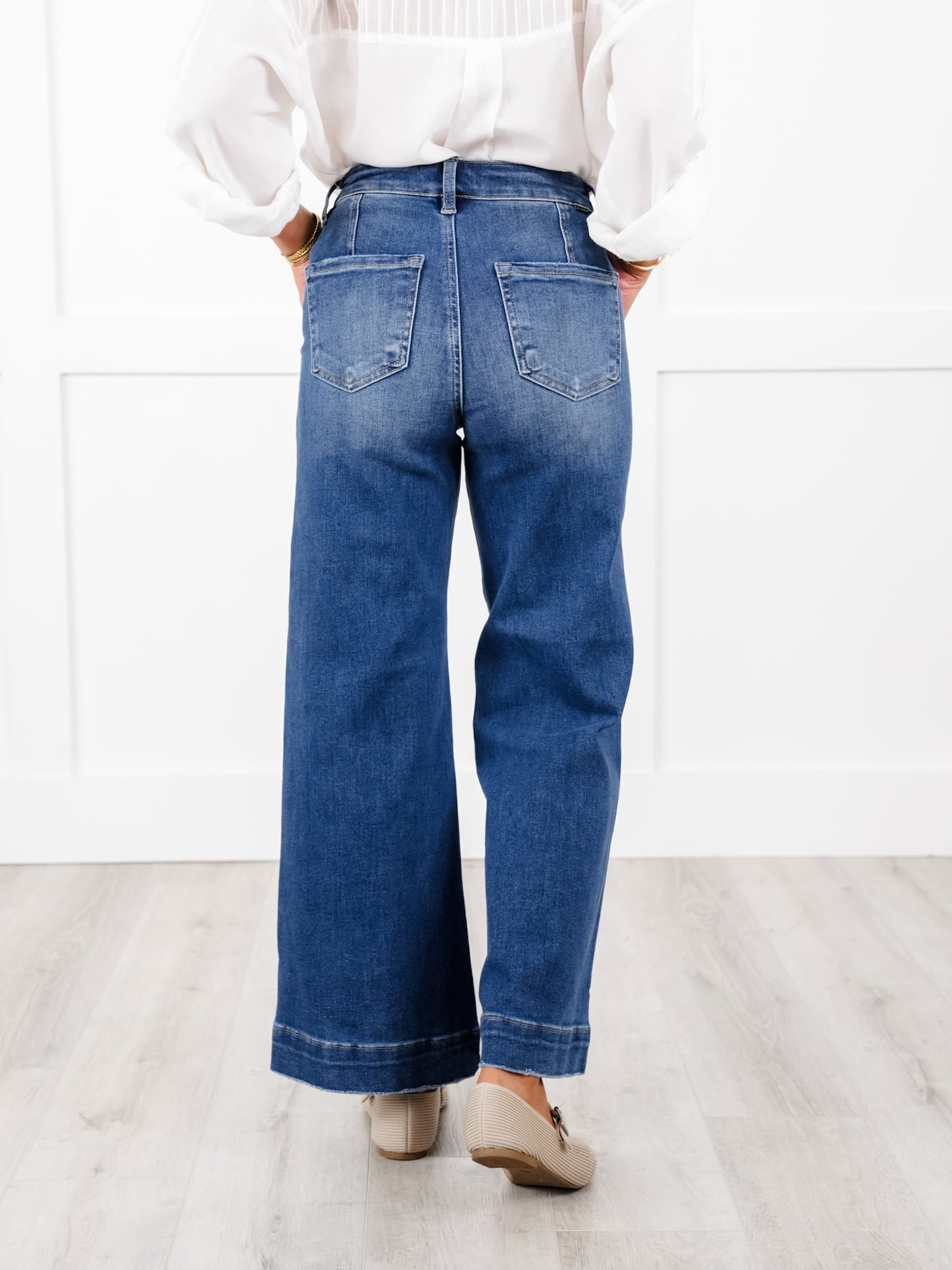 Risen High Rise Dark Wash Ankle Wide Leg Patch Front Pocket Jeans