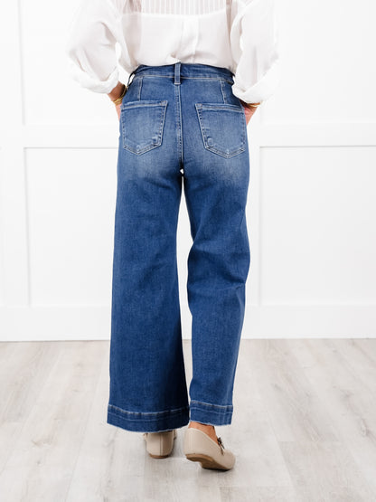 Risen High Rise Dark Wash Ankle Wide Leg Patch Front Pocket Jeans