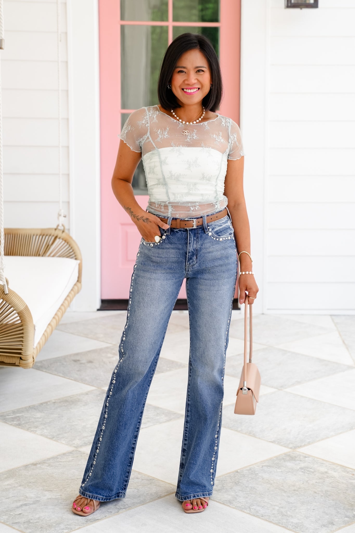 Floral Mesh Short Sleeve Top with Ruching Detail