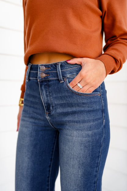 Risen High Rise Dark Wash Double Waistband Wide Leg Jeans